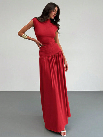 Elegant Stand Collar Pleatered Slim Fit Top And High Waist Skirt