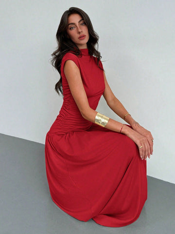 Elegant Stand Collar Pleatered Slim Fit Top And High Waist Skirt