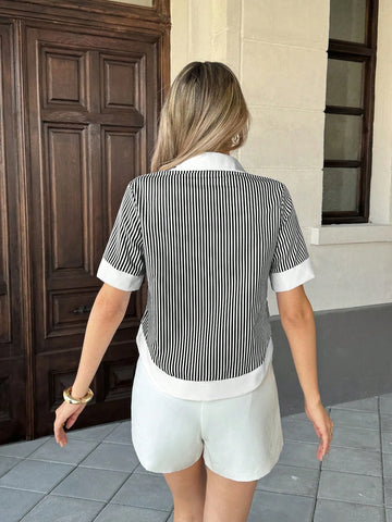 Women's Striped Patchwork Contrast Color Lapel Pocket Short Sleeve Casual Shirt