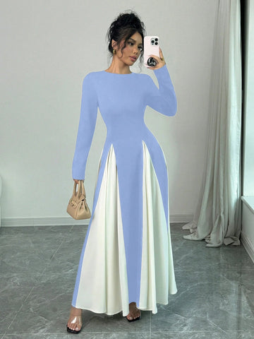 Color Block Long Sleeve Round Neck Patchwork Casual & Office Dress