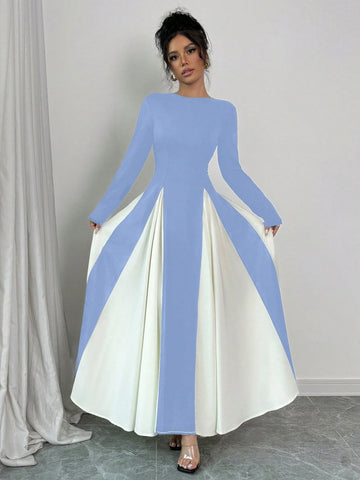 Color Block Long Sleeve Round Neck Patchwork Casual & Office Dress