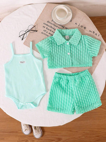 Baby Girls' Holiday Leisure Style Textured Fabric Short Sleeved Shirt + Shorts + Suspenders Romper