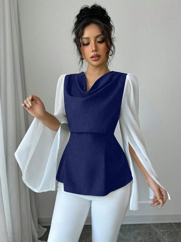 Women's High-Quality Swing Collar Draped Stitching Cinched Waist Chiffon Sheer Split Sleeve Blouse
