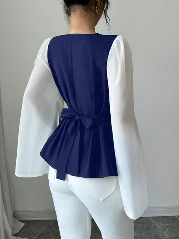 Women's High-Quality Swing Collar Draped Stitching Cinched Waist Chiffon Sheer Split Sleeve Blouse
