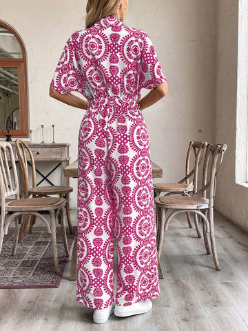 LUNE Women's Holiday Leisure Full Allover Print Wide-Leg Jumpsuit