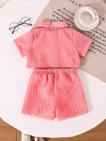 Baby Girls' Holiday Leisure Style Textured Fabric Short Sleeved Shirt + Shorts + Suspenders Romper