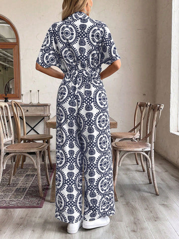 LUNE Women's Holiday Leisure Full Allover Print Wide-Leg Jumpsuit