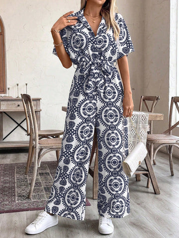 LUNE Women's Holiday Leisure Full Allover Print Wide-Leg Jumpsuit