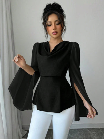 Women's High-Quality Swing Collar Draped Stitching Cinched Waist Chiffon Sheer Split Sleeve Blouse