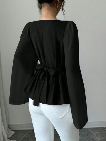 Women's High-Quality Swing Collar Draped Stitching Cinched Waist Chiffon Sheer Split Sleeve Blouse