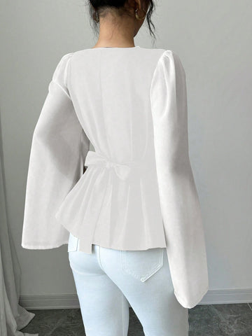 Women's High-Quality Swing Collar Draped Stitching Cinched Waist Chiffon Sheer Split Sleeve Blouse
