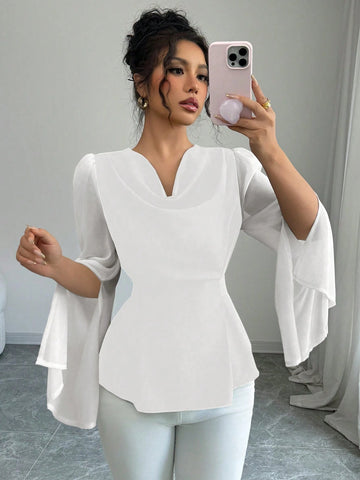 Women's High-Quality Swing Collar Draped Stitching Cinched Waist Chiffon Sheer Split Sleeve Blouse