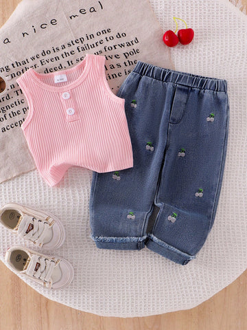 Baby Girl Button Decor Sleeveless Top And Cherry Embroidery Straight Leg Jeans