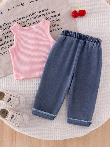 Baby Girl Button Decor Sleeveless Top And Cherry Embroidery Straight Leg Jeans