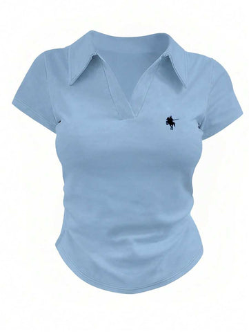 Women Casual Fashion Knight Printed Lapel Short Sleeve T-Shirt