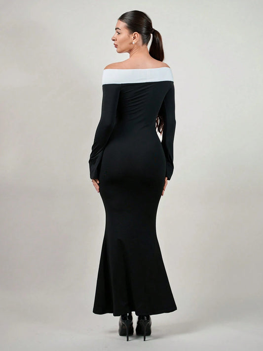Andrea Bello Contrast Off Shoulder Bell Sleeve Bodycon Long Black Dress With Sleeves
