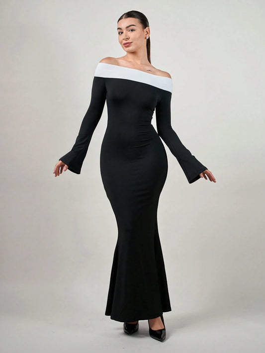 Andrea Bello Contrast Off Shoulder Bell Sleeve Bodycon Long Black Dress With Sleeves
