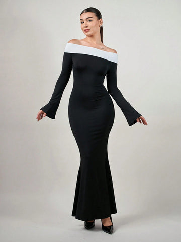 Andrea Bello Contrast Off Shoulder Bell Sleeve Bodycon Long Black Dress With Sleeves