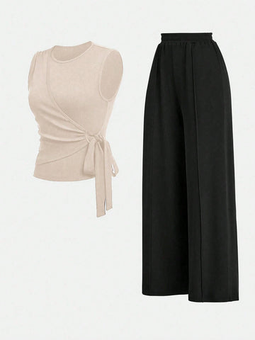2pcs Set Women Solid Color Side Tie Tank Top And Wide Leg Pants