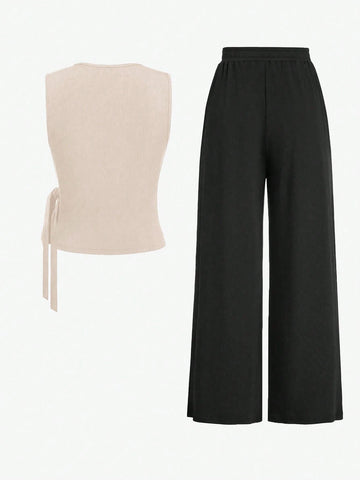 2pcs Set Women Solid Color Side Tie Tank Top And Wide Leg Pants
