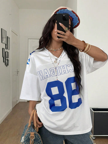 EZwear Oversized Boyfriend Style Print Letter & Star Satin Basketball Jersey Tee