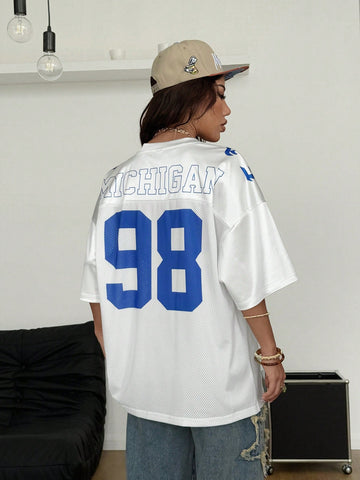 EZwear Oversized Boyfriend Style Print Letter & Star Satin Basketball Jersey Tee