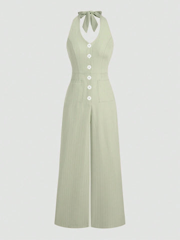 Flirla Striped Print Backless Button Up Casual Sleeveless Jumpsuit