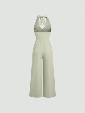 Flirla Striped Print Backless Button Up Casual Sleeveless Jumpsuit
