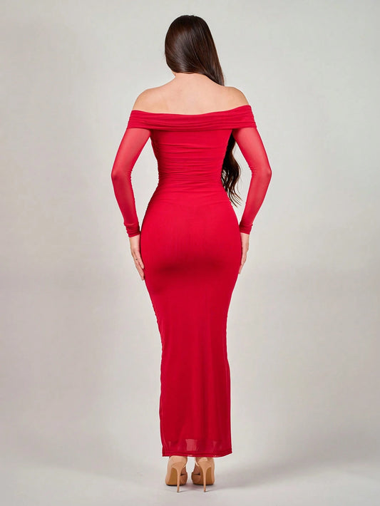 Andrea Bello Romantic Off Shoulder Mesh Twist Ruched Dress With Long Sleeves