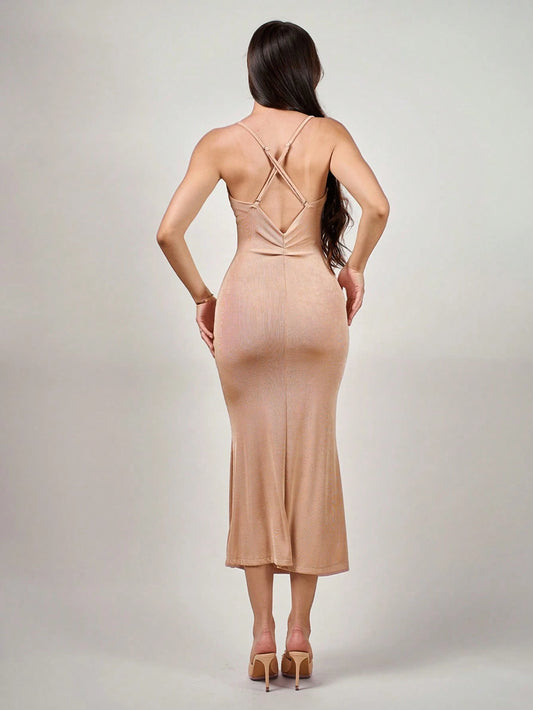 1pc Women's Minimalist Elegant Textured Spaghetti Strap Slip Dress
