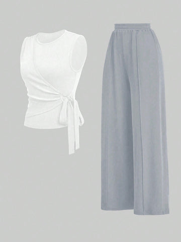 2pcs Set Women Solid Color Side Tie Tank Top And Wide Leg Pants