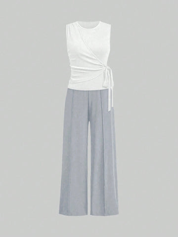 2pcs Set Women Solid Color Side Tie Tank Top And Wide Leg Pants