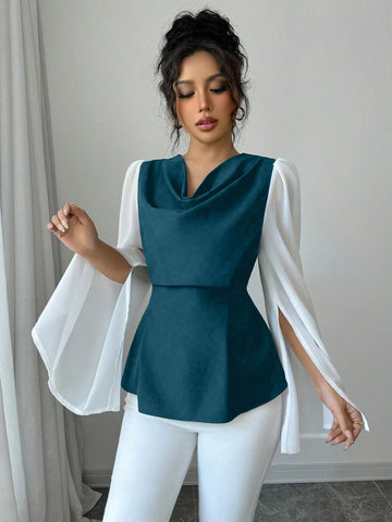 Women's High-Quality Swing Collar Draped Stitching Cinched Waist Chiffon Sheer Split Sleeve Blouse