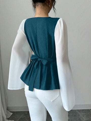 Women's High-Quality Swing Collar Draped Stitching Cinched Waist Chiffon Sheer Split Sleeve Blouse