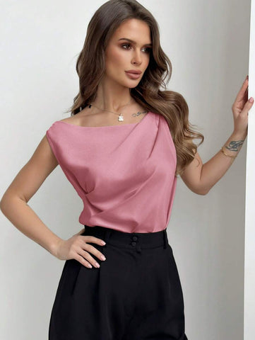 Asymmetrical Ruched Neckline Sleeveless Women Blouse