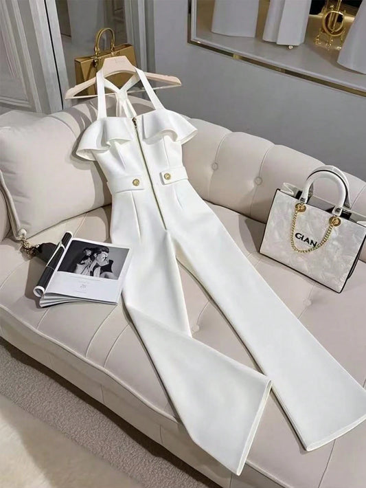 French Style Elegant Ruffled Patchwork Slim Fit Women Jumpsuit