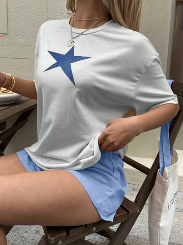EZwear Oversized Casual Cherry Pattern Round Neck Short Sleeve T-Shirt
