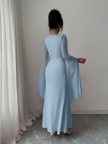 Elenzga Women's Solid Color V-Neck Split Sleeve Elegant Long Dress