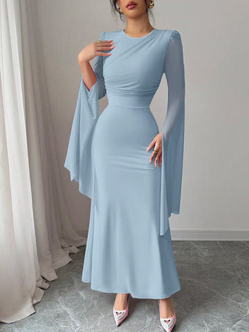 Elenzga Women's Solid Color V-Neck Split Sleeve Elegant Long Dress