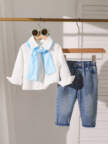 Baby Boy Daily Casual Solid Color Long Sleeve Shirt And Washed Pants Set