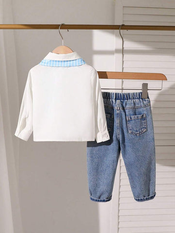 Baby Boy Daily Casual Solid Color Long Sleeve Shirt And Washed Pants Set