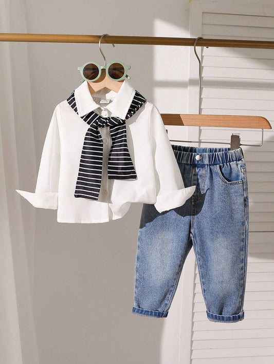 Baby Boy Daily Casual Solid Color Long Sleeve Shirt And Washed Pants Set