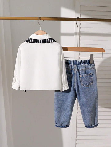 Baby Boy Daily Casual Solid Color Long Sleeve Shirt And Washed Pants Set