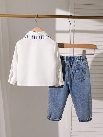 Baby Boy Daily Casual Solid Color Long Sleeve Shirt And Washed Pants Set