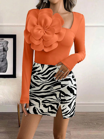 Clasi Women Elegant Solid-Color V-Neck 3D Floral Decor Fitted Long Sleeve T-Shirt