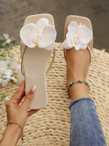 French Style Floral Strap Flat Slide Sandals