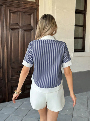 Women's Striped Patchwork Contrast Color Lapel Pocket Short Sleeve Casual Shirt