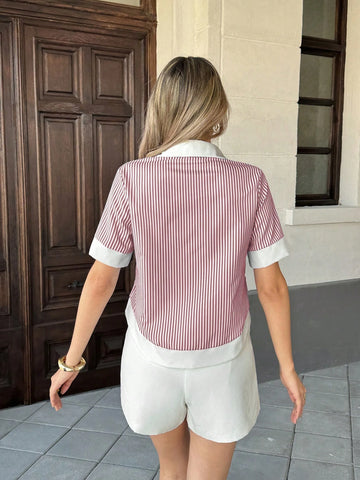 Women's Striped Patchwork Contrast Color Lapel Pocket Short Sleeve Casual Shirt