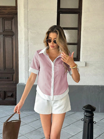 Women's Striped Patchwork Contrast Color Lapel Pocket Short Sleeve Casual Shirt