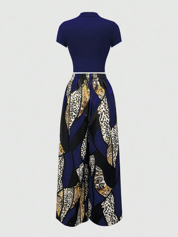 2pcs Women's T-Shirt And Colorblock Wide Leg Pants
